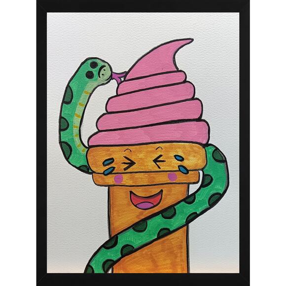 Kawaii Strawberry Ice Cream & Snake 9x12 Inch OOAK Original Acrylic Painting - Picture 1 of 2